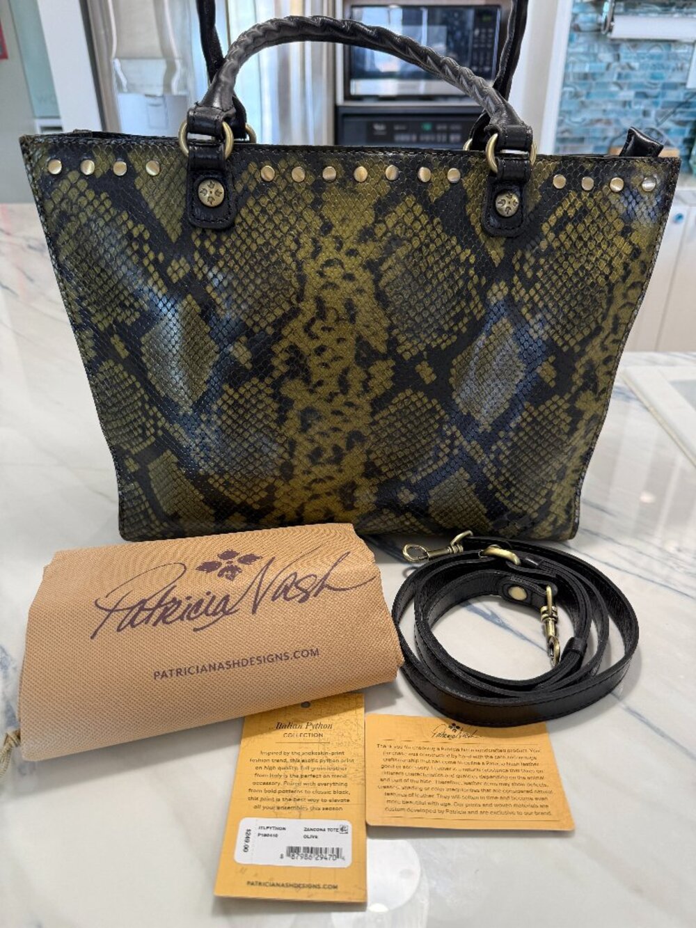 NWT Patricia Nash Zancona Tote – Olive Python Leather with Crossbody Strap
